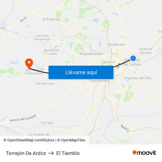 Torrejón De Ardoz to El Tiemblo map