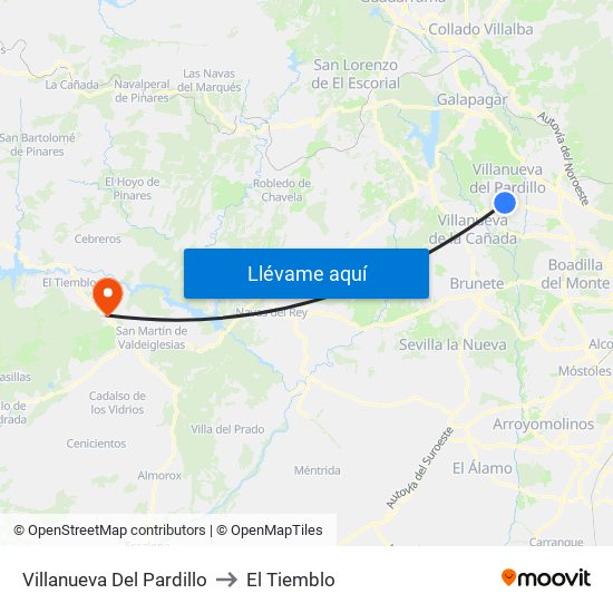 Villanueva Del Pardillo to El Tiemblo map