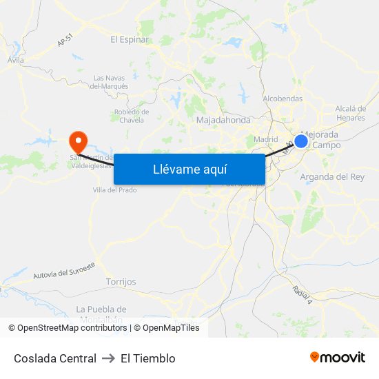 Coslada Central to El Tiemblo map