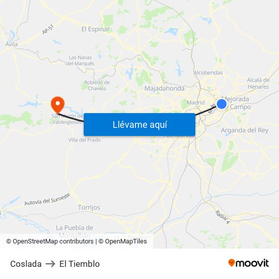 Coslada to El Tiemblo map
