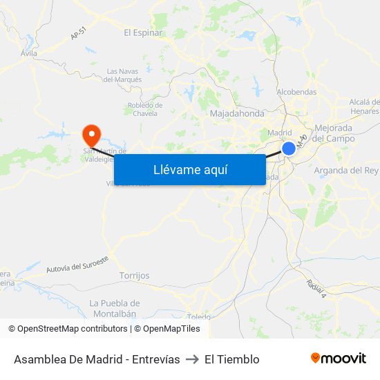 Asamblea De Madrid - Entrevías to El Tiemblo map
