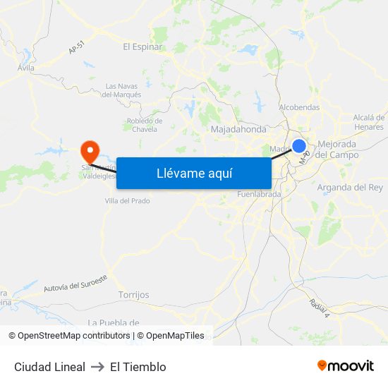 Ciudad Lineal to El Tiemblo map