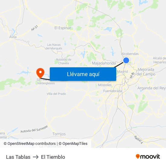 Las Tablas to El Tiemblo map
