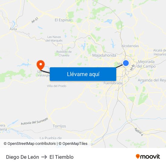 Diego De León to El Tiemblo map