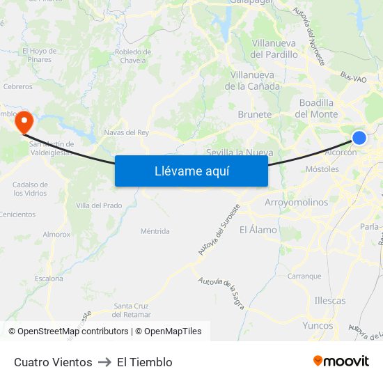 Cuatro Vientos to El Tiemblo map