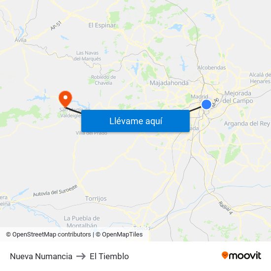 Nueva Numancia to El Tiemblo map