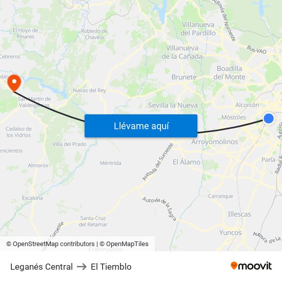 Leganés Central to El Tiemblo map