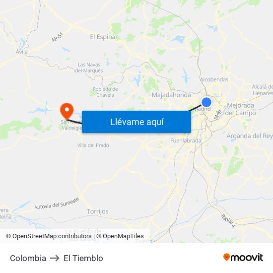 Colombia to El Tiemblo map
