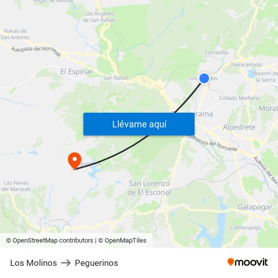 Los Molinos to Peguerinos map