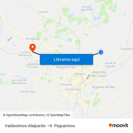 Valdeolmos-Alalpardo to Peguerinos map