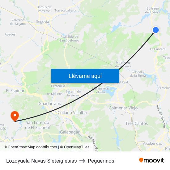 Lozoyuela-Navas-Sieteiglesias to Peguerinos map