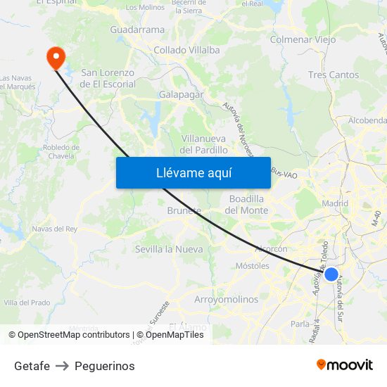 Getafe to Peguerinos map