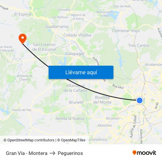 Gran Vía - Montera to Peguerinos map
