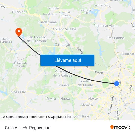 Gran Vía to Peguerinos map