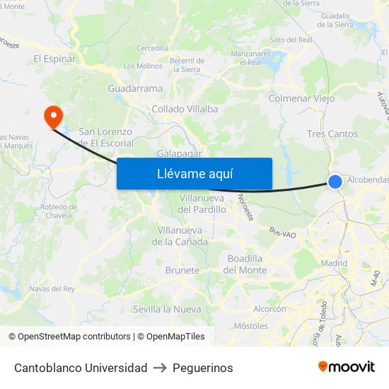 Cantoblanco Universidad to Peguerinos map