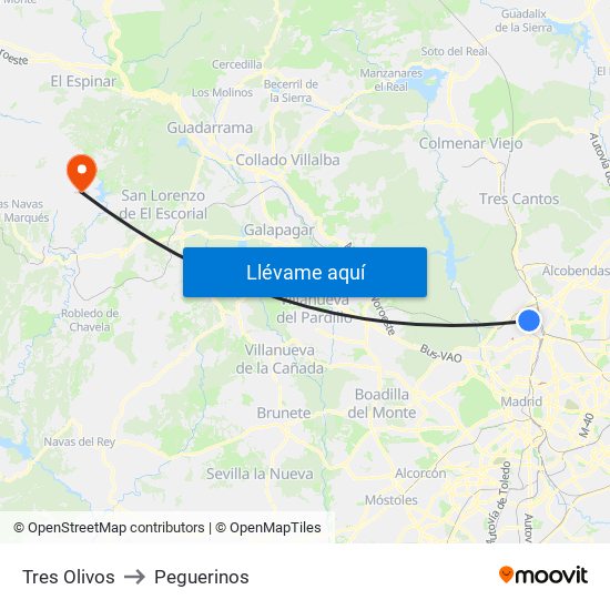 Tres Olivos to Peguerinos map