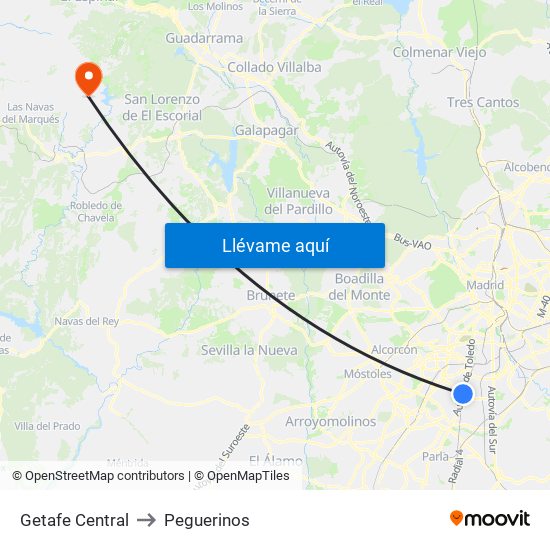Getafe Central to Peguerinos map
