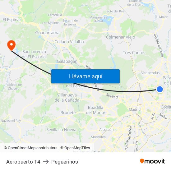 Aeropuerto T4 to Peguerinos map