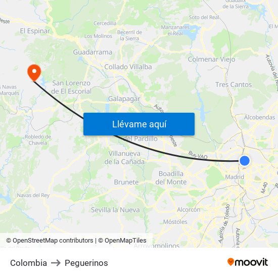 Colombia to Peguerinos map