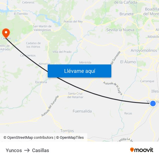 Yuncos to Casillas map