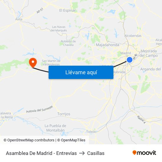 Asamblea De Madrid - Entrevías to Casillas map