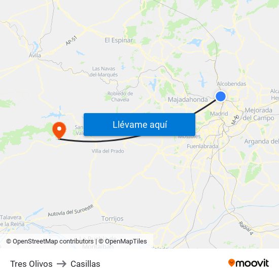 Tres Olivos to Casillas map