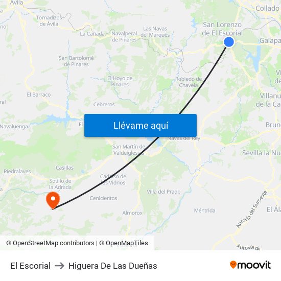 El Escorial to Higuera De Las Dueñas map