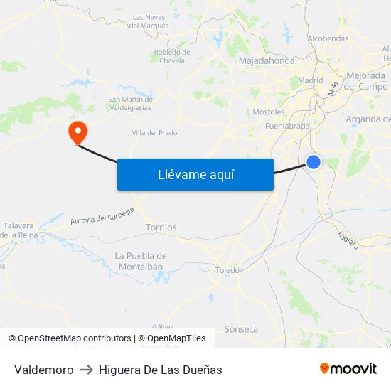 Valdemoro to Higuera De Las Dueñas map