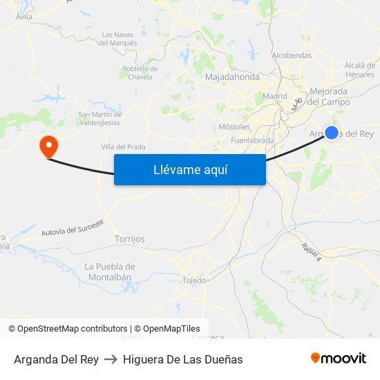 Arganda Del Rey to Higuera De Las Dueñas map