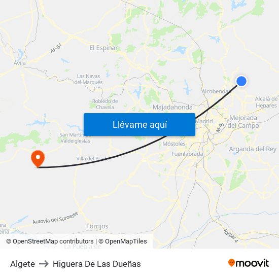 Algete to Higuera De Las Dueñas map