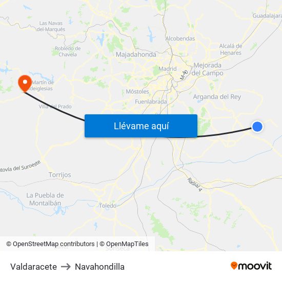 Valdaracete to Navahondilla map