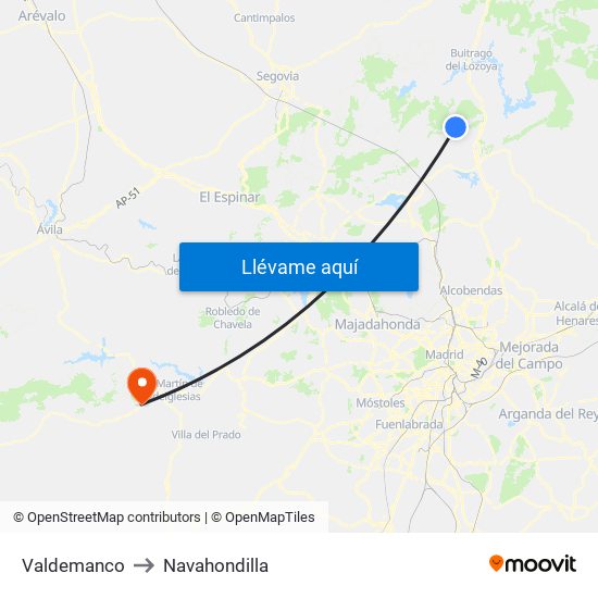 Valdemanco to Navahondilla map