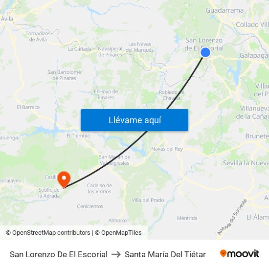 San Lorenzo De El Escorial to Santa María Del Tiétar map