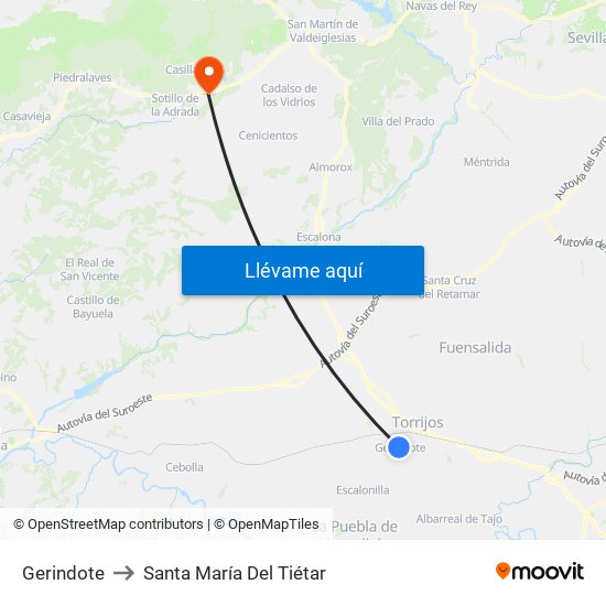 Gerindote to Santa María Del Tiétar map