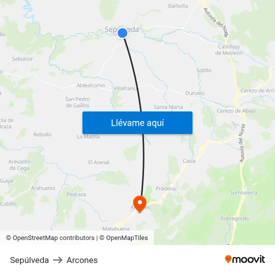 Sepúlveda to Arcones map