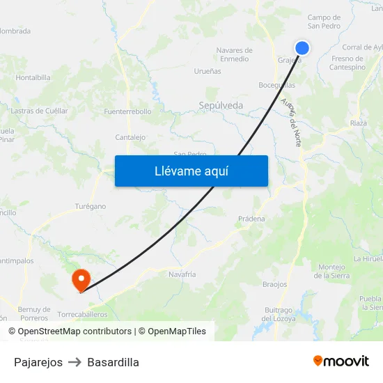 Pajarejos to Basardilla map