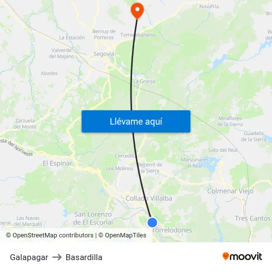 Galapagar to Basardilla map