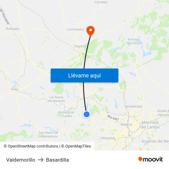 Valdemorillo to Basardilla map