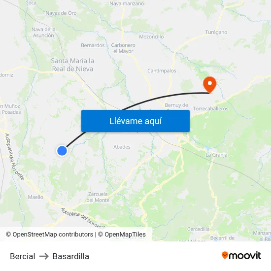 Bercial to Basardilla map