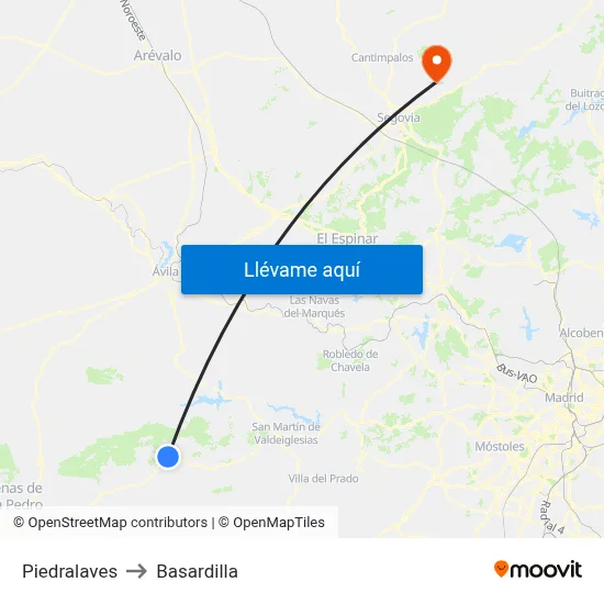 Piedralaves to Basardilla map