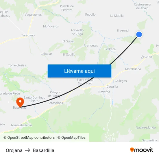 Orejana to Basardilla map
