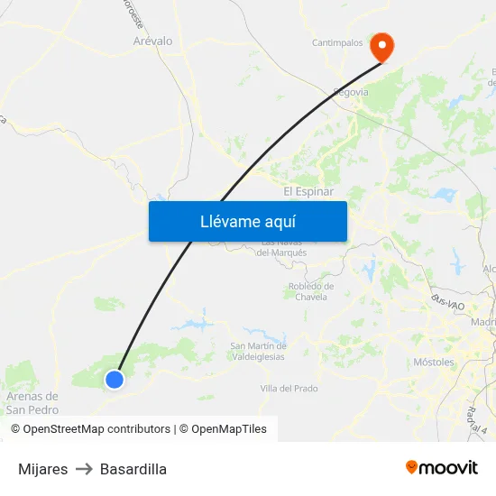 Mijares to Basardilla map