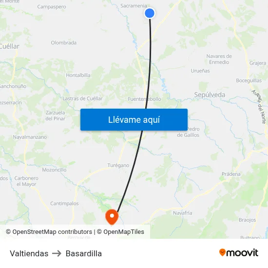 Valtiendas to Basardilla map