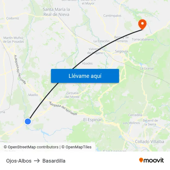 Ojos-Albos to Basardilla map
