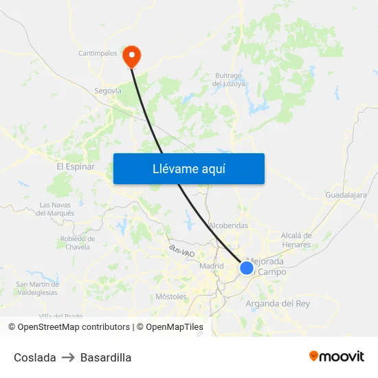 Coslada to Basardilla map