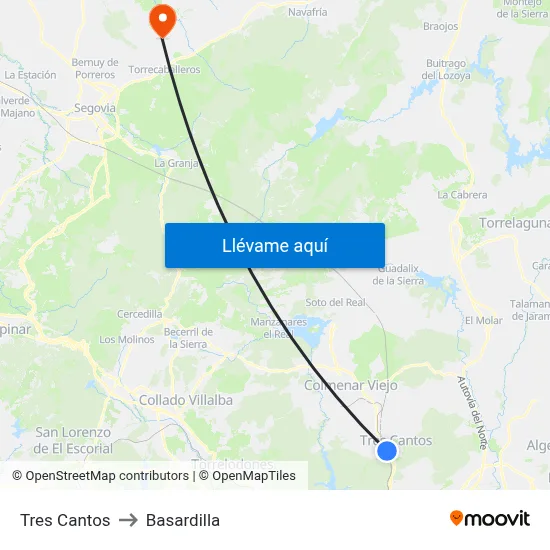 Tres Cantos to Basardilla map