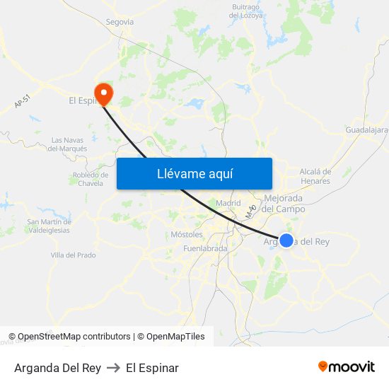 Arganda Del Rey to El Espinar map