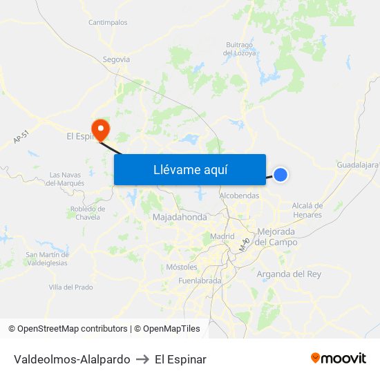 Valdeolmos-Alalpardo to El Espinar map