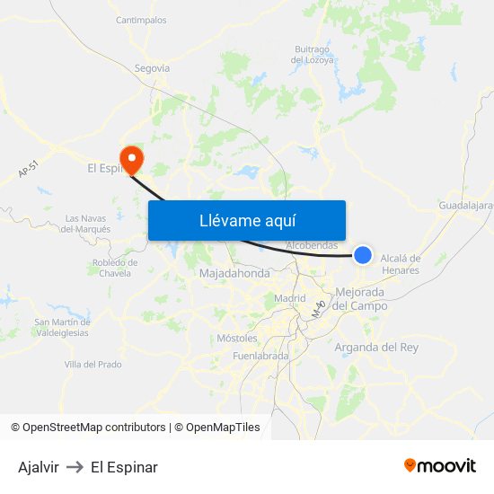 Ajalvir to El Espinar map