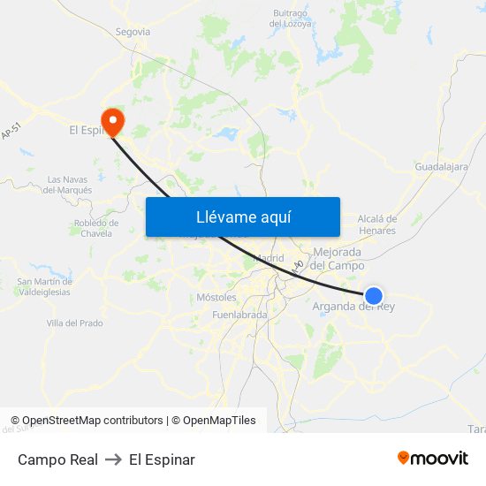 Campo Real to El Espinar map